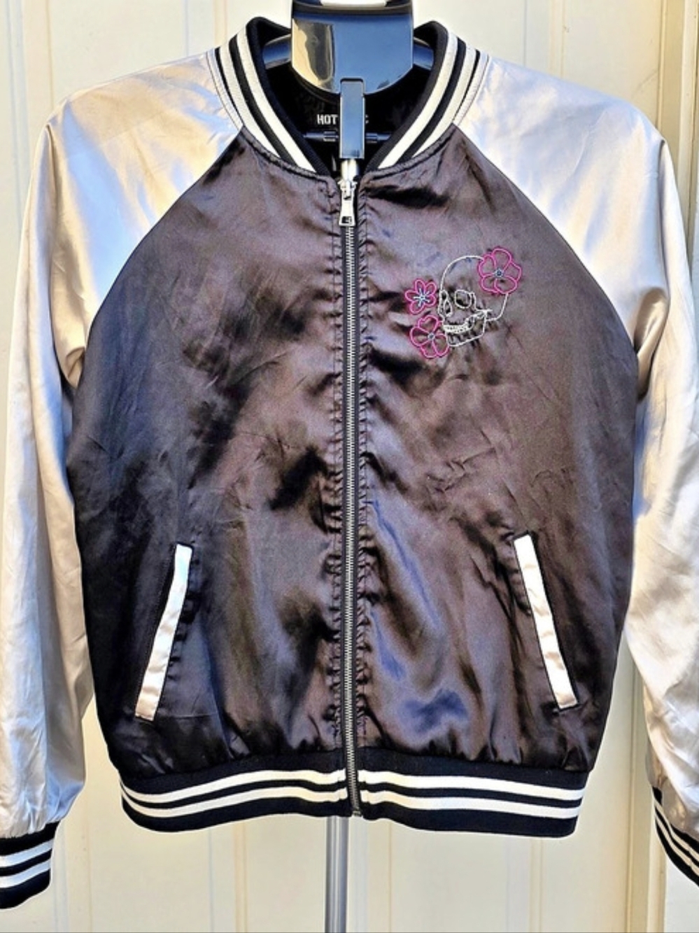 Hot Topic Skull & Koi Satin Bomber Jacket Size L Goth Y2K